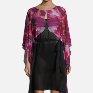 Gottex Black & Pink Floral Caftan Swim Beach Cover-Up Dress NWOT Sz S